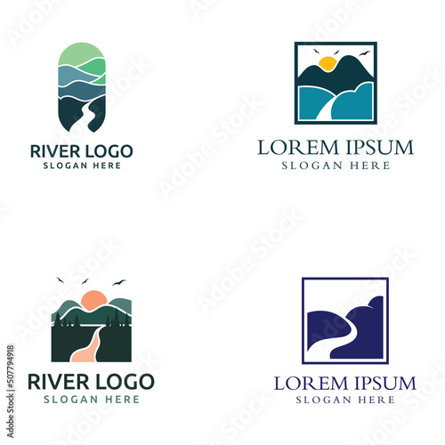 Logos of rivers, creeks, riverbanks and streams. River logo with combination of mountains and farmland with concept design vector illustration template.