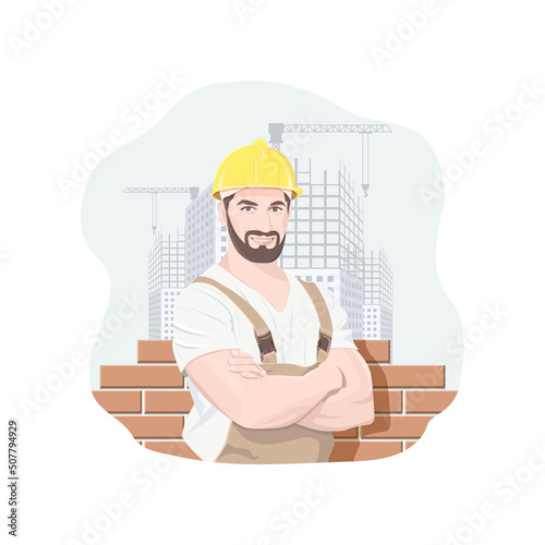 Builder on background of brickwork and houses under construction