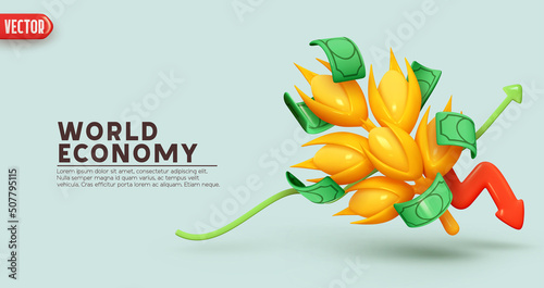 Wheat prices. Creative concept of world economy. financial investment in farming business. Realistic 3d design, yellow spikelet wheat of grain and money green paper dollar bills. vector illustration