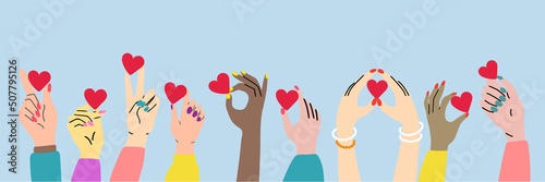 Many hands with hearts. Charity and donation concept concept. Non-profit organizations and humanitarian aid visualization.