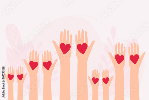 Many hands with hearts. Charity and donation concept concept. Non-profit organizations and humanitarian aid visualization.