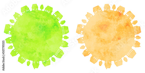 watercolor hand drawn houses silhouette illustration, small planet (green and orange)