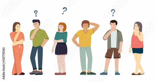 questioning people. standing persons thinking and have a symbols question marks under heads mind problems. Vector question
