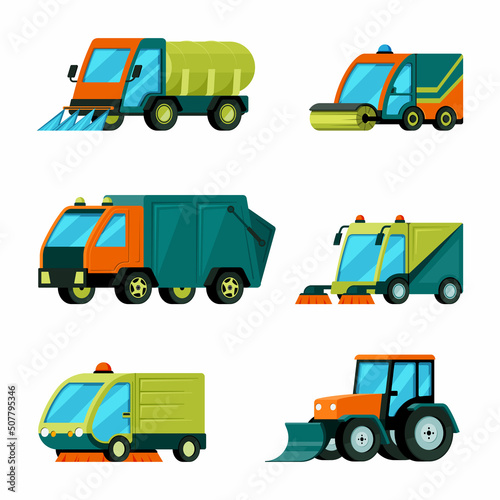 Urban cleaning cars. city harvesting machines trucks with garbage containers tractors. Vector cartoon vehicles
