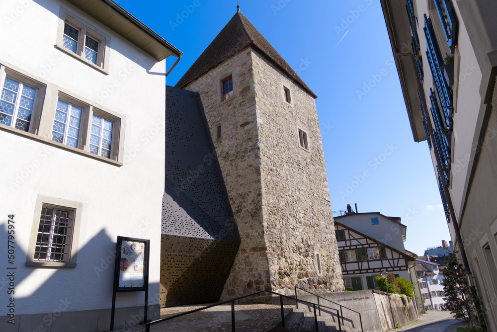 Medieval old town of City of Rapperswil with stone tower on a sunny spring day. Photo taken April 28th, 2022, Rapperswil-Jona, Switzerland. Medieval old town of City of Rapperswil with stone tower on a sunny spring day. Photo taken April 28th, 2022, Rapperswil-Jona, Switzerland.