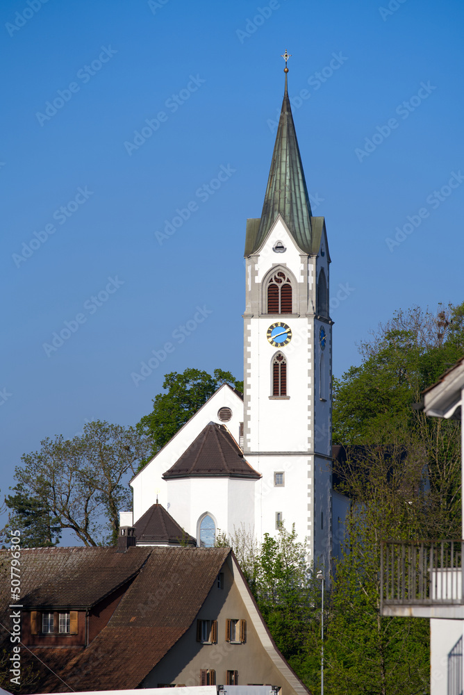 Catholic church at City of Jona, Canton St. Gallen, on a sunna spring day. Photo taken April 28th, 2022, Rapperswil-Jona, Switzerland.