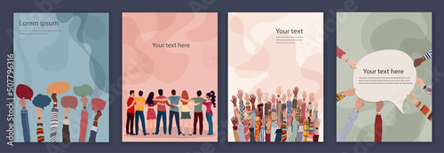 Diversity inclusion and equality concept.Group of people embraced viewed from behind. Raised hands. Hands holding speech bubble.Editable set brochure template flyer leaflet cover poster