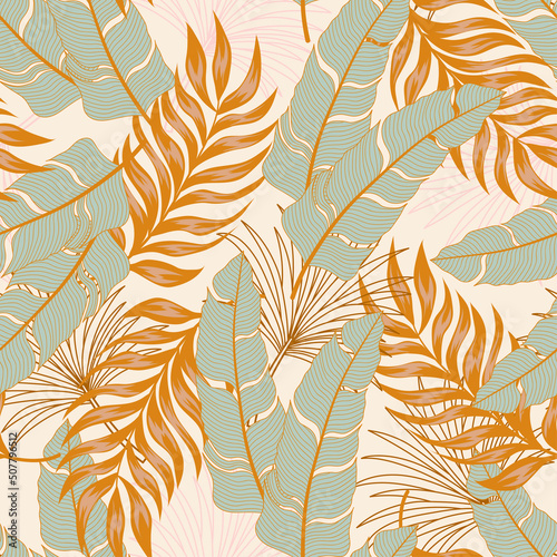 Original seamless tropical pattern with bright plants and leaves on a beige background. Seamless pattern with colorful leaves and plants. Tropical botanical. Exotic wallpaper.