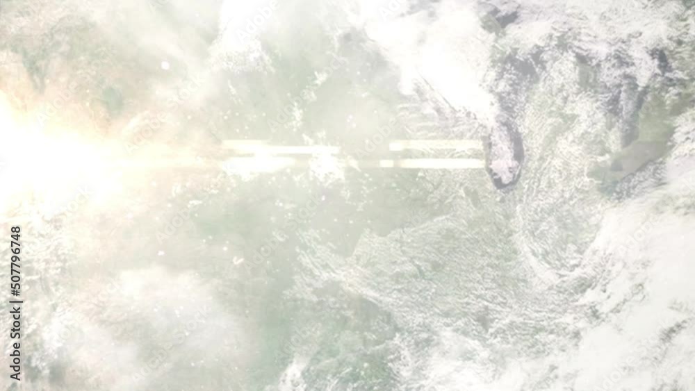 Earth zoom in from outer space to city. Zooming on Des Moines, Iowa, USA. The animation continues by zoom out through clouds and atmosphere into space. Images from NASA