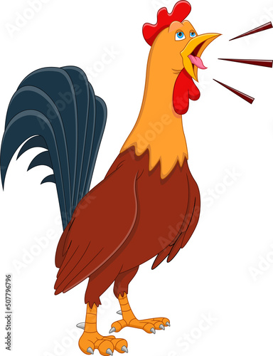 cartoon rooster crowing on white background