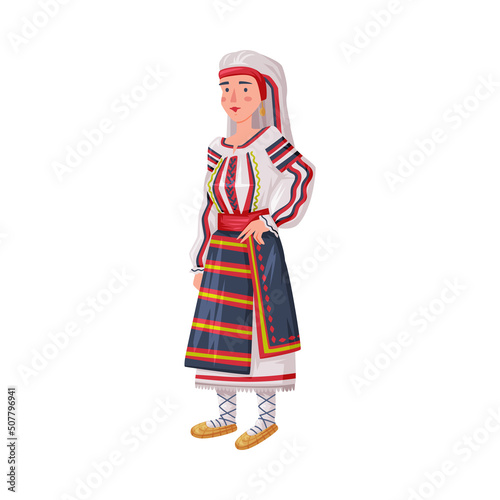 Woman Wearing Traditional Clothing of Romania with Embroidery and Straw Shoes Vector Illustration