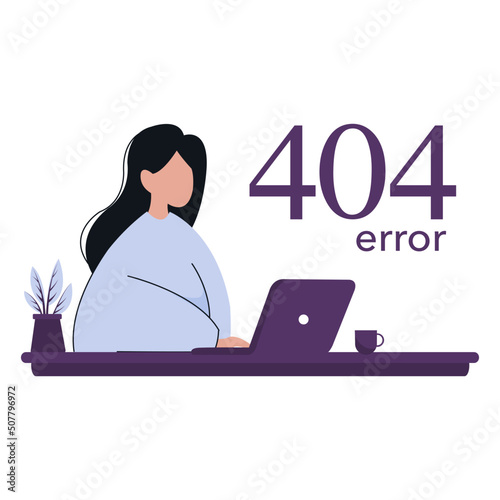 concept 404 error page. flat cartoon style woman with a laptop. Vector isolated illustration 