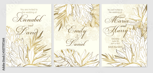 Set of 3 wedding cards. Tropical flowers, leaves and mandala. Golden outline of flowers. Art of nature.