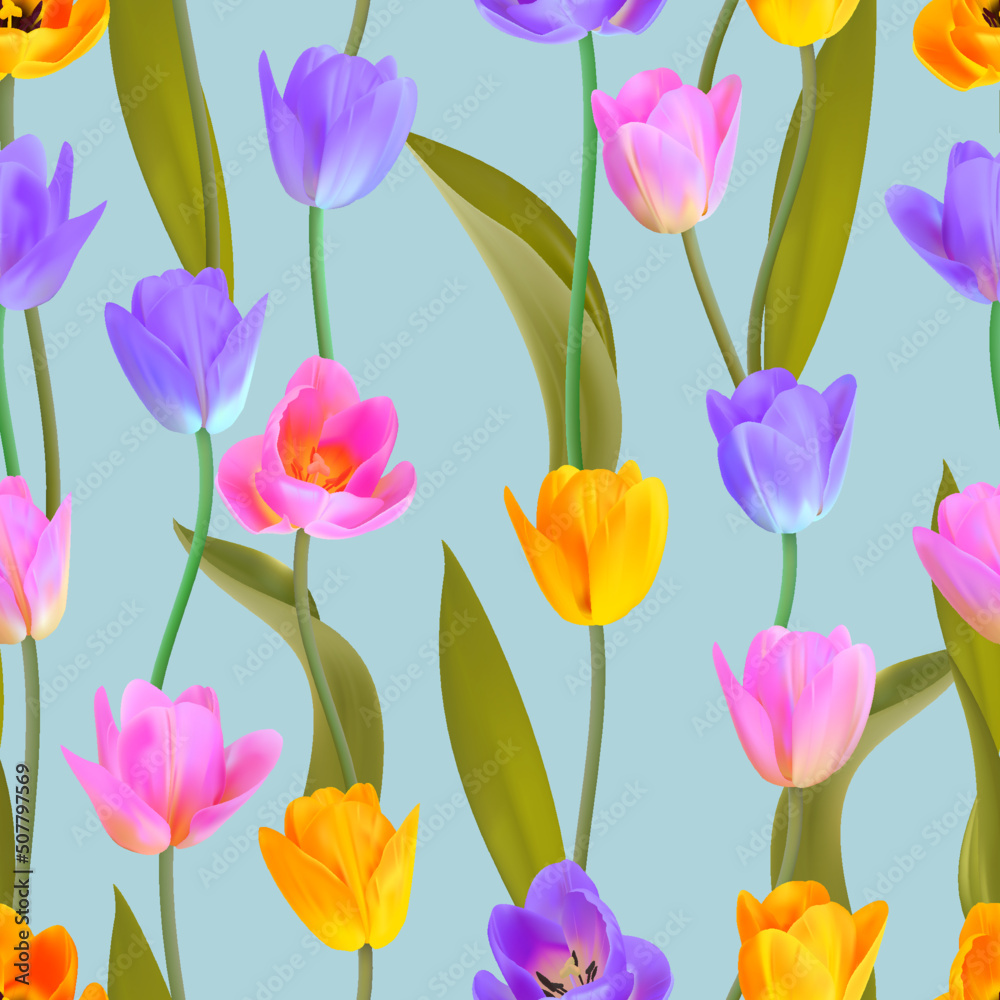 Floral Seamless tulip with leaves pattern on a beautiful background. High realism, vector, spring flowers for fabric, prints, decorations, invitation cards. Floral Seamless tulip with leaves pattern on a beautiful background. High realism, vector, spring flowers for fabric, prints, decorations, invitation cards.