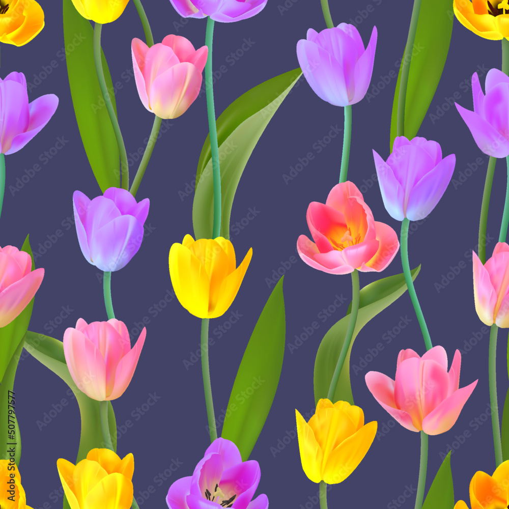 Floral Seamless tulip with leaves pattern on a beautiful background. High realism, vector, spring flowers for fabric, prints, decorations, invitation cards.