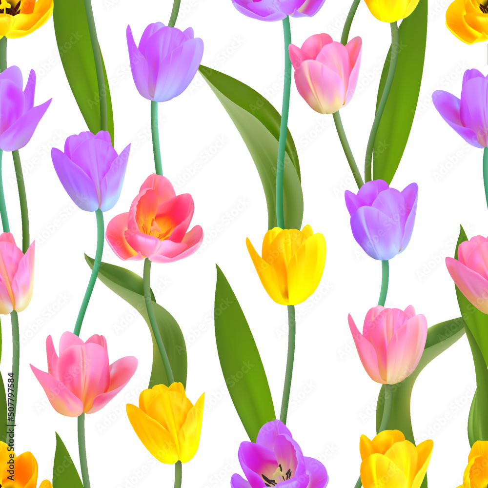 Floral Seamless tulip with leaves pattern on a beautiful background. High realism, vector, spring flowers for fabric, prints, decorations, invitation cards. Floral Seamless tulip with leaves pattern on a beautiful background. High realism, vector, spring flowers for fabric, prints, decorations, invitation cards.