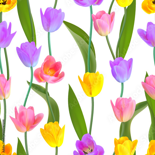 Fototapeta Naklejka Na Ścianę i Meble -  Floral Seamless tulip with leaves pattern on a beautiful background. High realism, vector, spring flowers for fabric, prints, decorations, invitation cards.