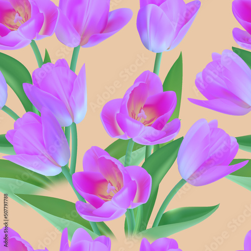 Floral Seamless tulip with leaves pattern on a beautiful background. High realism  vector  spring flowers for fabric  prints  decorations  invitation cards.