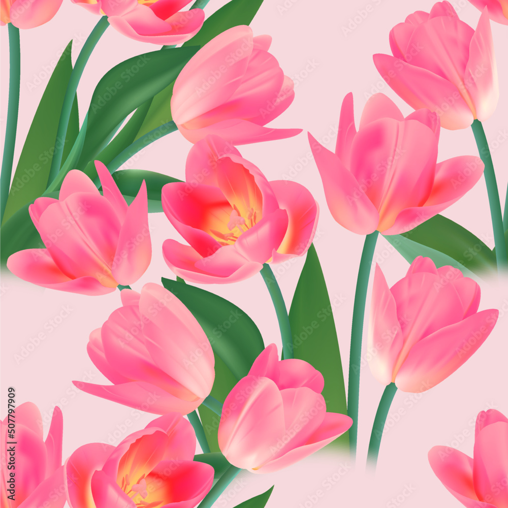 Floral Seamless tulip with leaves pattern on a beautiful background. High realism, vector, spring flowers for fabric, prints, decorations, invitation cards. Floral Seamless tulip with leaves pattern on a beautiful background. High realism, vector, spring flowers for fabric, prints, decorations, invitation cards.