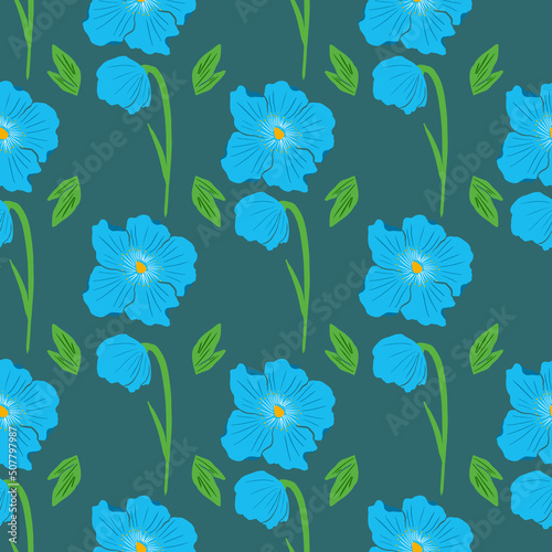 Blue poppy flowers vector repeat pattern on green background