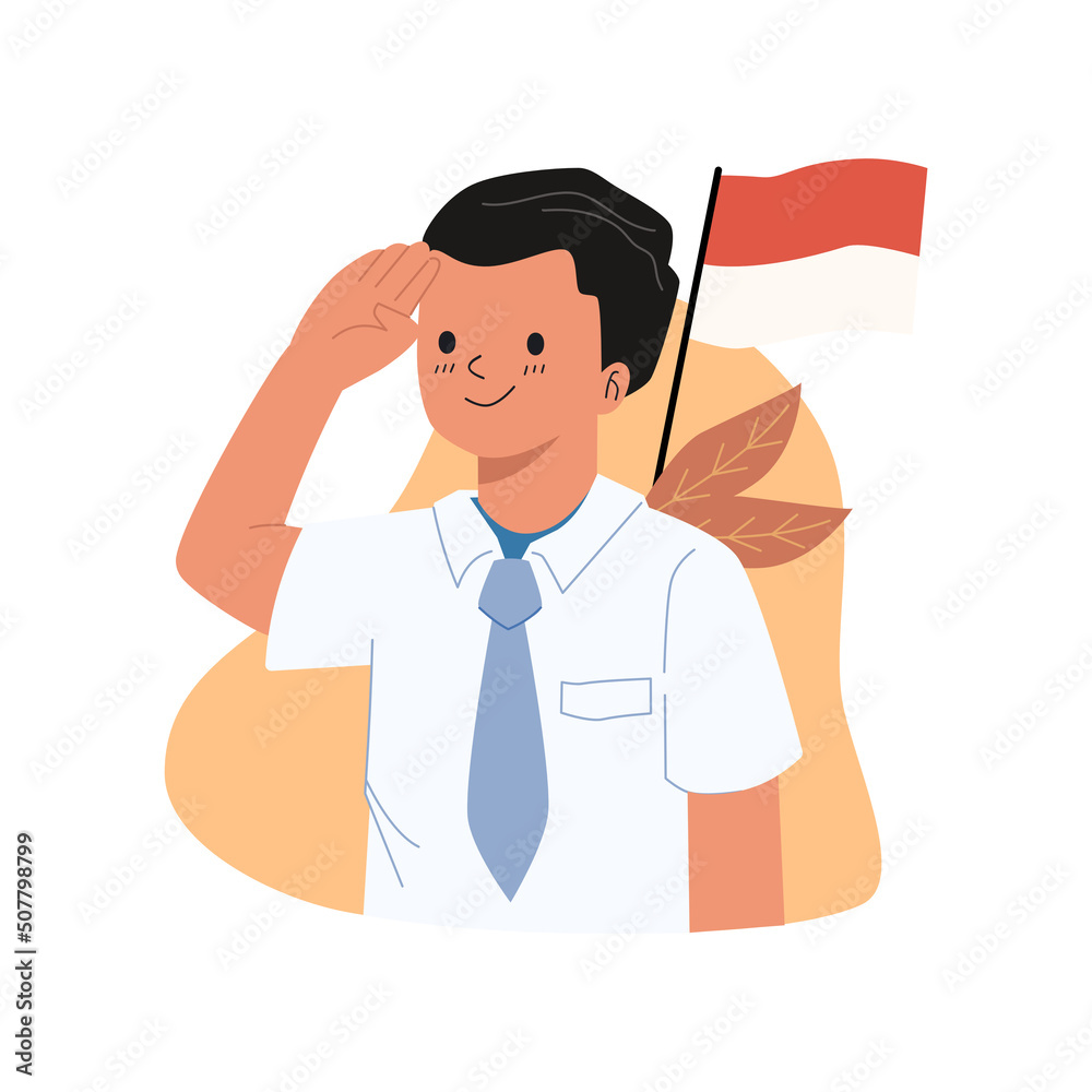 People celebrate Independence Day of Indonesia. Character holding national flag illustration in flat style design