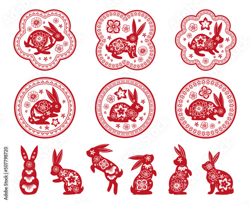 New Year horoscope red rabbits mascots with flowers. Oriental red paper cut rabbits, ornamental bunny stamps vector symbols illustrations set. Asian zodiac rabbits