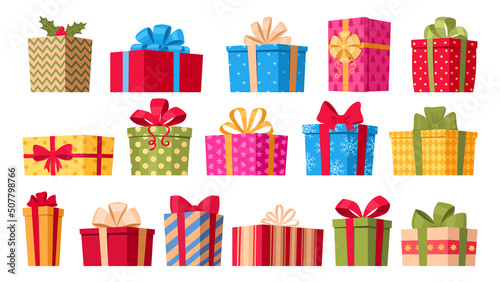 Cartoon wrapped Christmas gift boxes, xmas surprises, winter holidays presents. Holiday greeting, birthday or xmas present boxes vector symbols illustrations set. Gift boxes collection