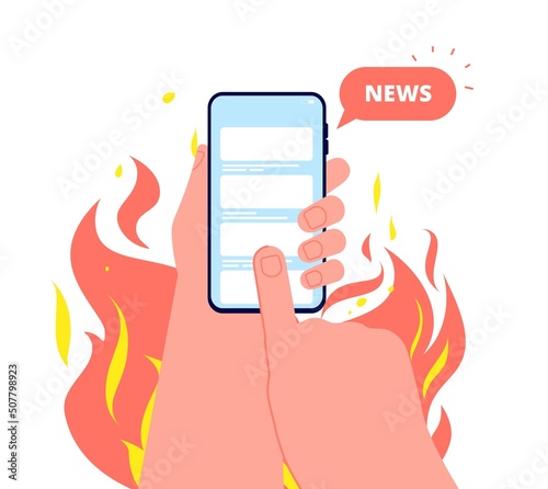Hand with smartphone. Hot breaking news, online information in fire flame. Info flow, person and digital addiction vector concept