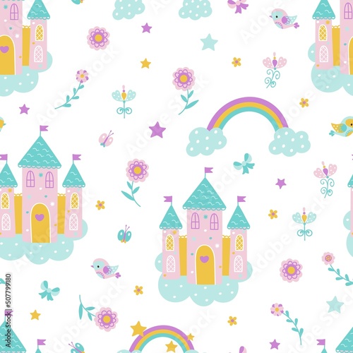 Magic fairytale castle seamless pattern. Cute girl princess fashion print with birds, rainbow and flowers. Adorable childish vector texture