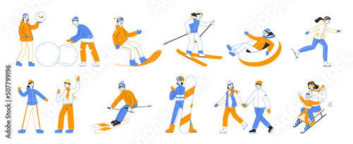 Winter sport activities, people skiing, skating and snowboarding. Flat outline characters doing winter activities vector symbols illustration set. Snow sports collection