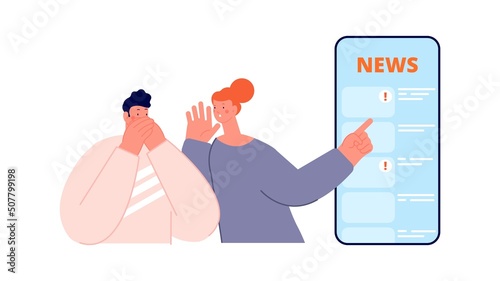 Man shocked daily news. People surprised, woman talk boyfriend about world situation. Information flow, mental disbalance and scare vector scene