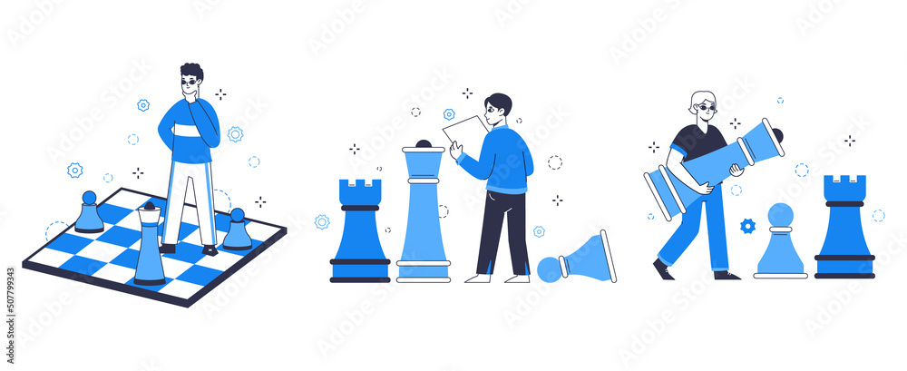 People with chess, business strategy players, pieces. Business characters playing giant chess, tactics and planning strategy vector background illustration. Сhess game concept