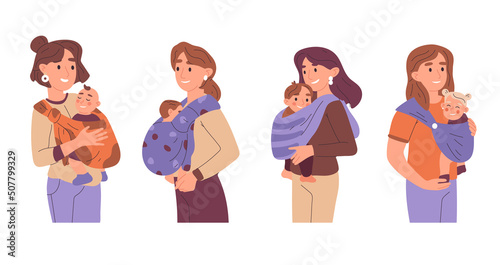 Mothers carrying kids in baby sling. Moms and newborn babies, cute toddlers sleeping in sling vector illustration. Cartoon loving, caring mothers
