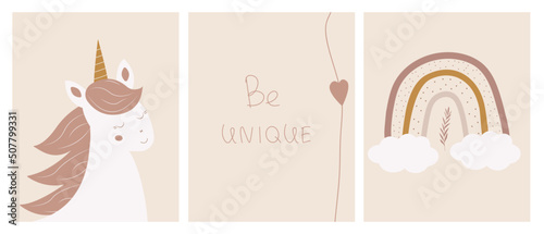 Hand drawn unicorn, the phrase be unique and a rainbow. Cute collection baby posters in Boho style. Wall art nursery. Design for childish textiles, playroom decorations, baby shower.Funny kids print.
