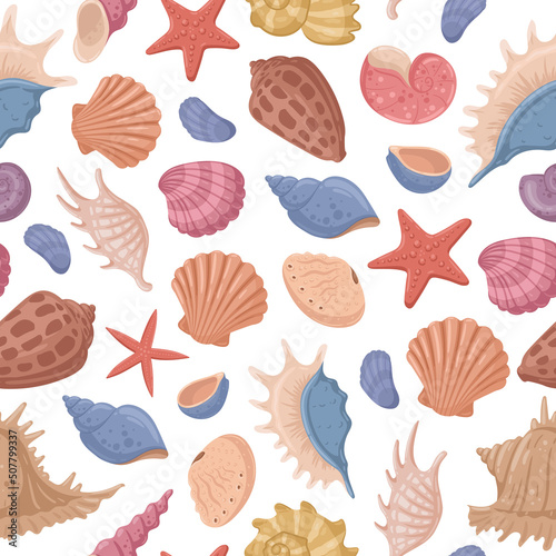 Cartoon marine sea shells, starfish and corals seamless pattern. Underwater fauna, scallops, mollusks and shellfishes vector background illustration. Seashells endless design pattern