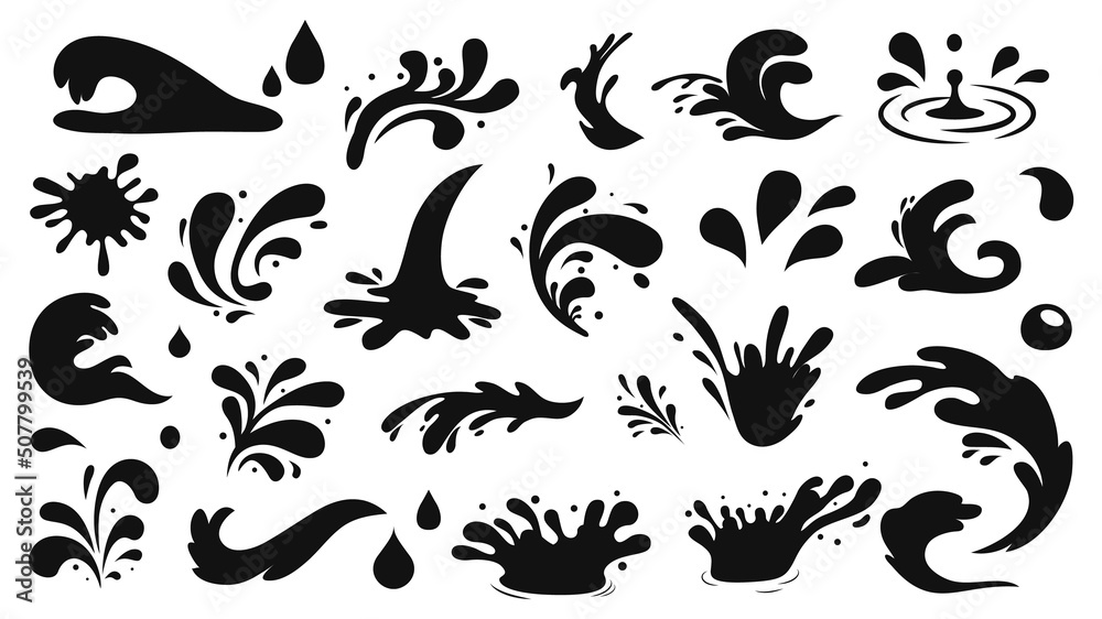 Water drops, black sea ocean waves stencil. Liquid elements, cry droplet icons vector set. Ink, sauce, river isolated splashes - obrazy, fototapety, plakaty 