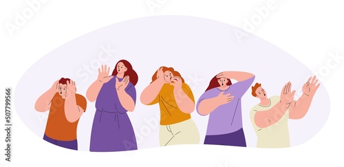 Frustrated panic characters. Afraid people group, panicking feeling. Frightful scary, flat men women scream and anxiety. Emotional kicky vector person