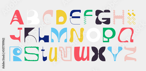 Large set of random letter shapes. English alphabet from geometric capital letters of eclectic shapes. Brutalism modern font type. Condensed and Bold font from geometric objects.