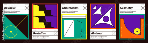 Brutalist vertical covers, brutalist posters. Set of abstract geometric futuristic figures with a thin line, modern shapes and objects. Vector illustration. Vector illustration