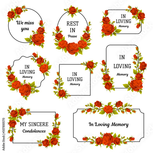 Funeral Red Rose Frame with Text Quote and Inscription Vector Set