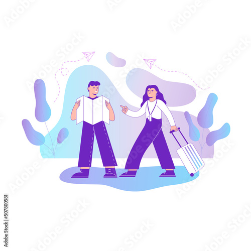 Travelling couple going to go on vacation. Portrait of travelers, tourists with travel bag and map. Young pair on trip, journey. Young girl with photo camera.