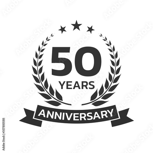 50 years anniversary laurel wreath logo or icon. Jubilee, birthday badge, label or emblem. 50th celebration design element. Vector illustration.
