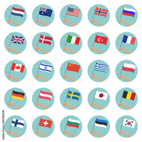 Flag circle icon set. Hand holding waving flag. National symbols of the world countries. Vector illustration.