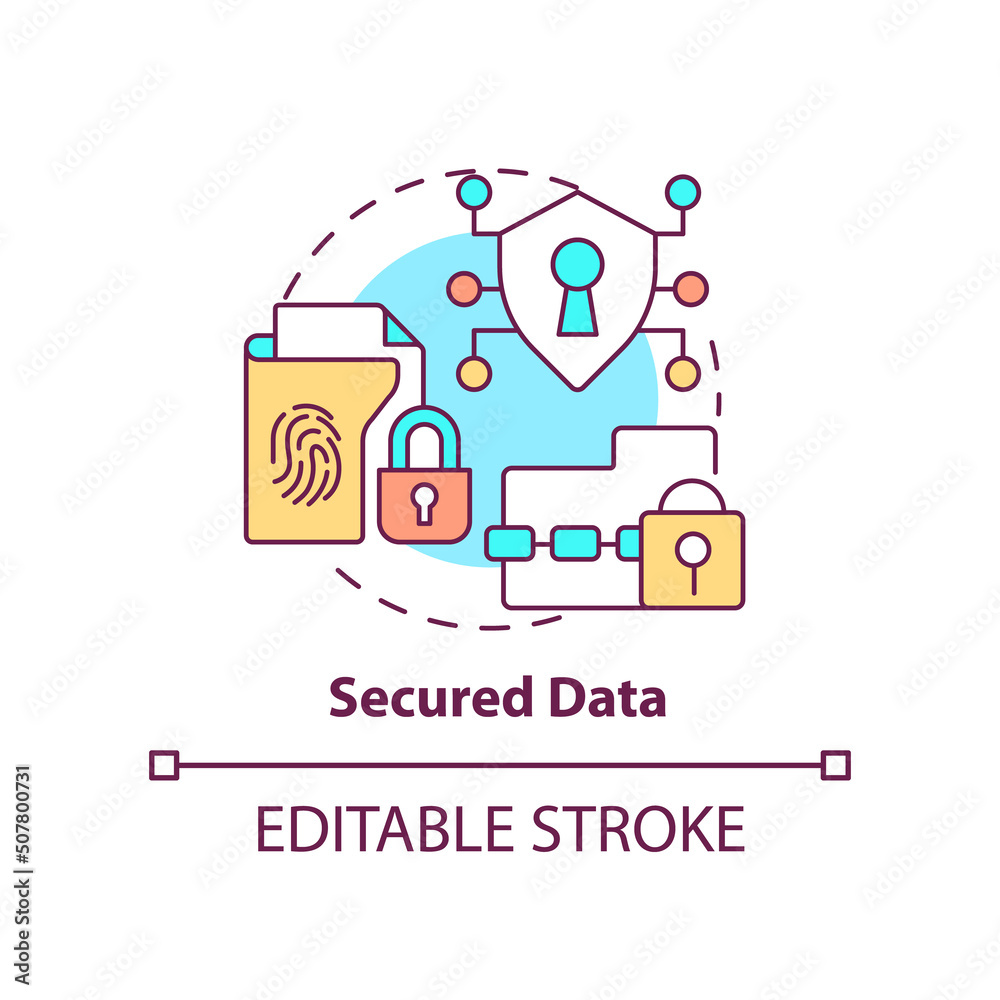 Secured data concept icon. Biometric authentication advantage abstract idea thin line illustration. Sensitive information. Isolated outline drawing. Editable stroke. Arial, Myriad Pro-Bold fonts used