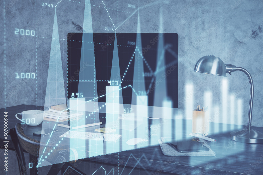 Forex market graph hologram and personal computer on background. Multi exposure. Concept of investment. Forex market graph hologram and personal computer on background. Multi exposure. Concept of investment.