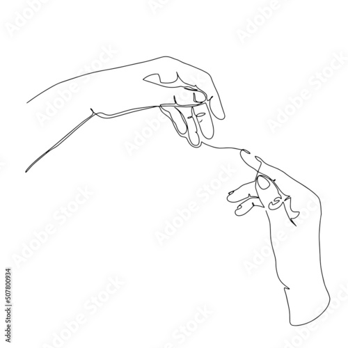 Continuous line illustration of two hands barely meeting each other. A simple one line sketch of two hands, the concept of love.