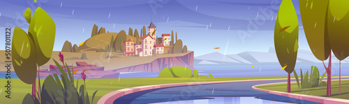 Mediterranean city on hill in sea harbor in rain. Vector cartoon illustration of summer landscape with town on island, road, green grass and trees at rainy weather
