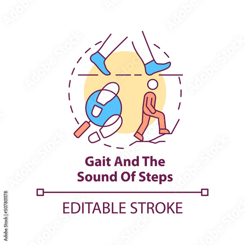 Gait and sound of steps concept icon. Behavioural measurement abstract idea thin line illustration. Footsteps analysis. Isolated outline drawing. Editable stroke. Arial, Myriad Pro-Bold fonts used