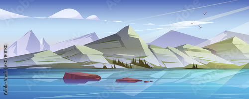 Nordic landscape with lake and mountain range. Vector cartoon illustration of scandinavian nature scene with rocks, reflection in water, stones in river and flying birds