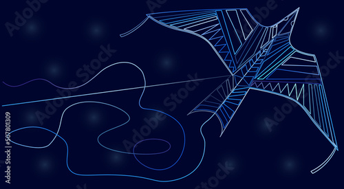 Original gradient graphic wallpaper. A bird-shaped kite is drawn in a single line painted in a blue gradient. Dark blue background color.